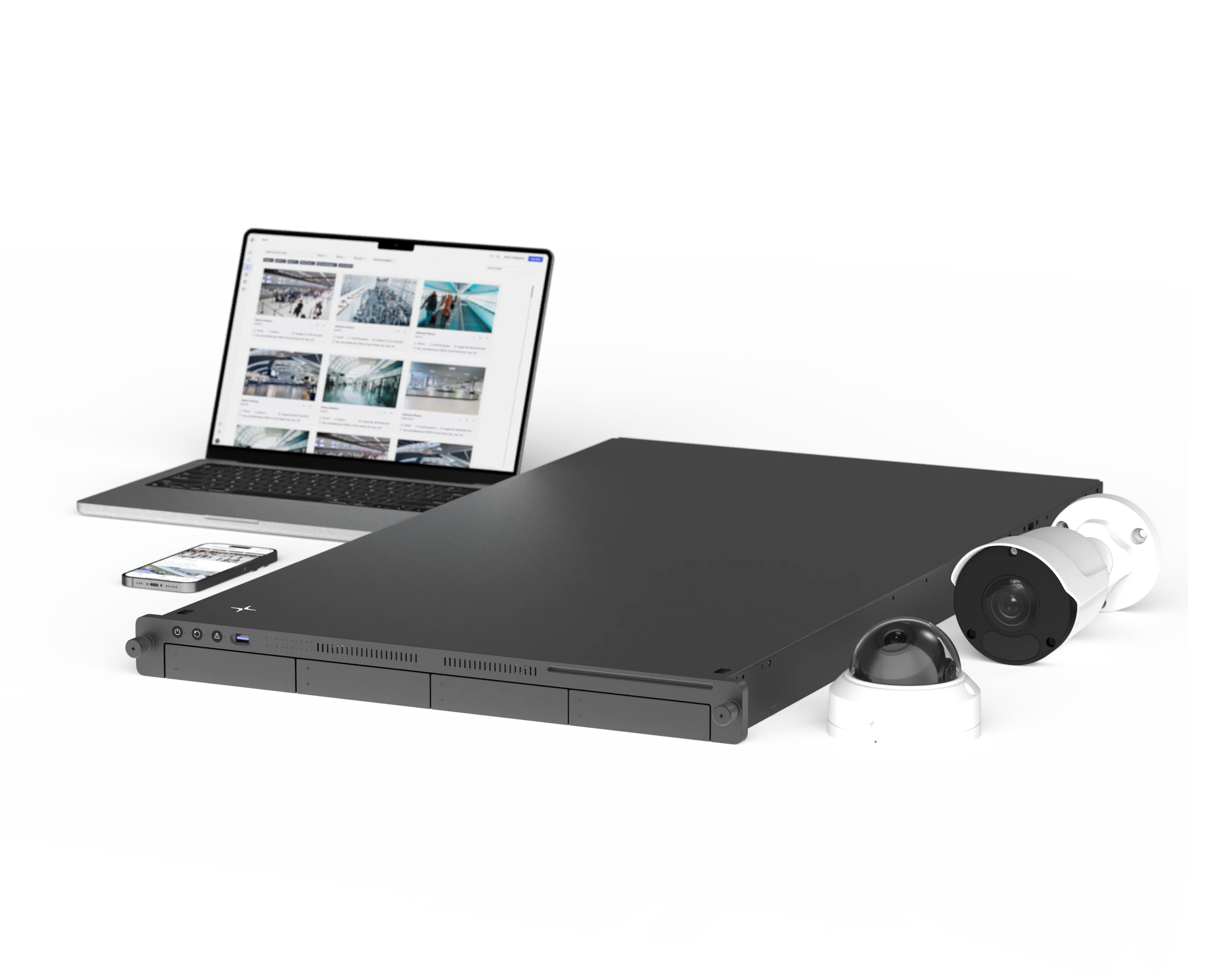 lumana ai video security product suite 3d render core, bullet and dome cameras