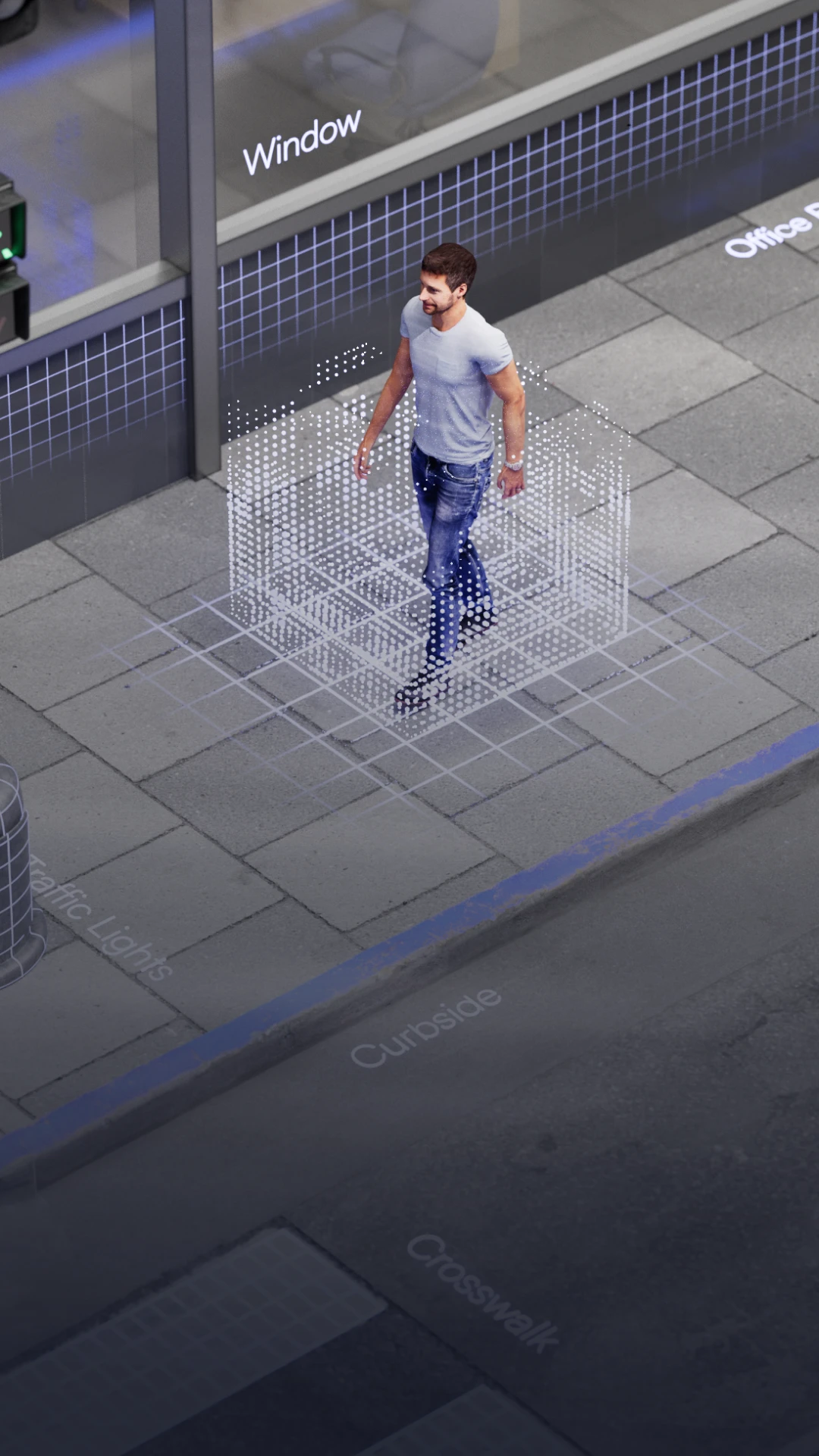 lumana ai video security branded 3d image visualization of the street with people walking